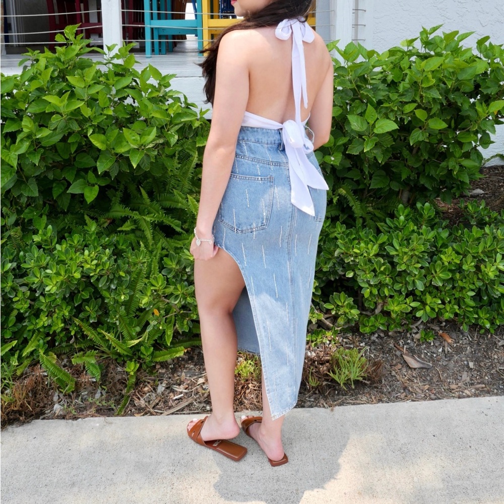 Denim slit midi skirt with rhinestones